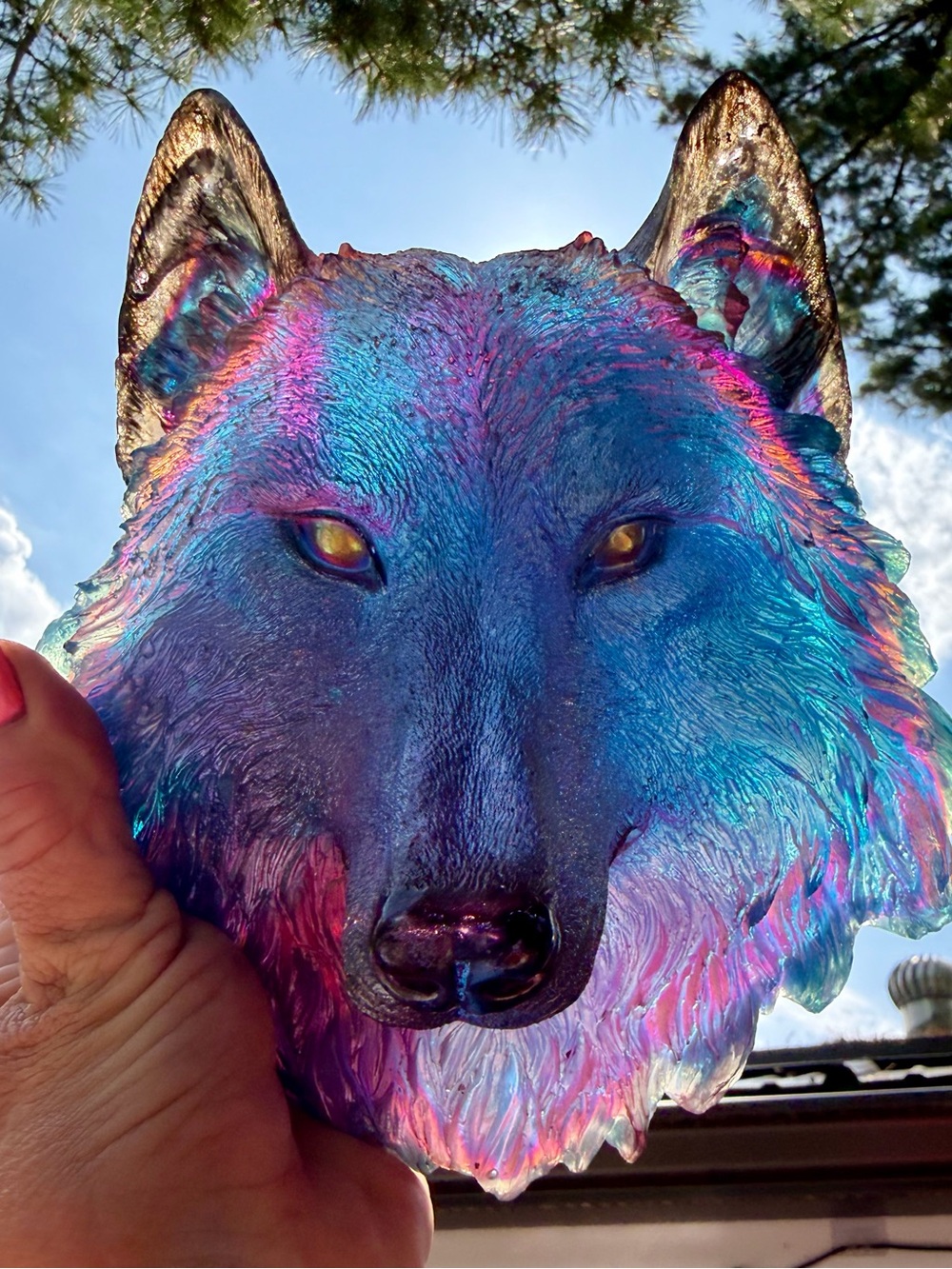 Handcrafted 3D with poured resin-Iridescent Blue-Purple Wolf. GORGEOUS!